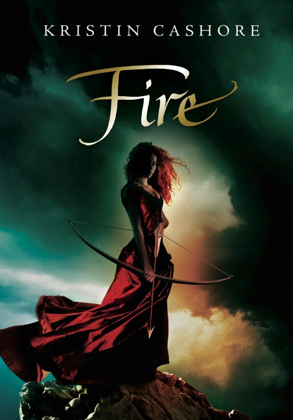 The book cover showing a red-haired woman in a red dress with a bow and arrow in front of a dramatic sky.