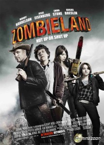 The film poster showing Tallahassee (Woody Harrelson), Columbus (Jesse Eisenberg), Wichita (Emma Stone) and Little Rock (Abigail Breslin), all with weapons in their hands.