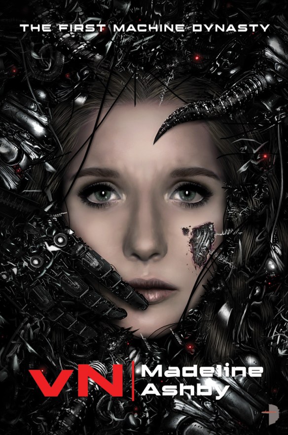 The book cover showing a woman's worried face surrounded by machinery. A part of her skin is missing, beneath it we can see more metal. 