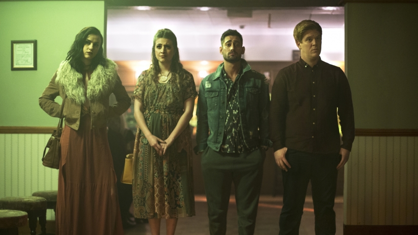 Kelly Wenham (Kitty), Georgia Groome (Lulu), Michael Socha (Alex) and Danny Morgan (Jim) in a film still.