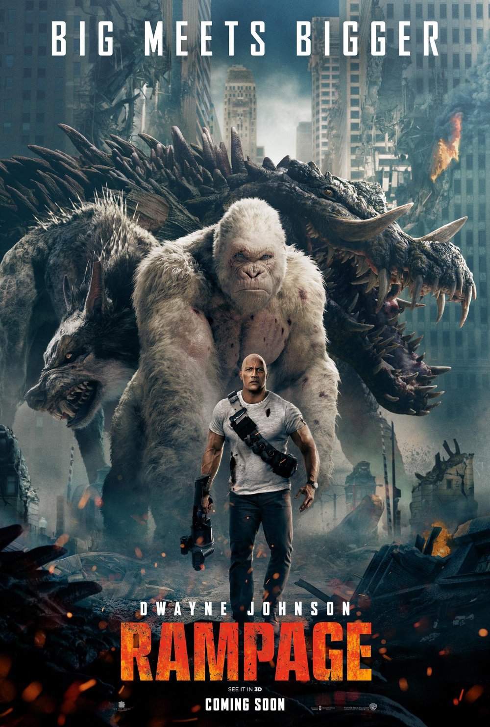 Film poster showing Dwayne Johnson in front of a huge gorilla, wolf and crocodile, walking purposefully, gun in hand.