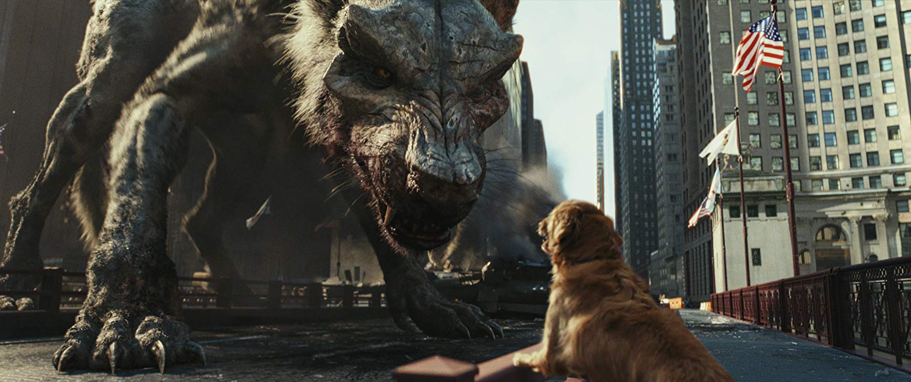 A giant wolf growling at a normal-sized dog.