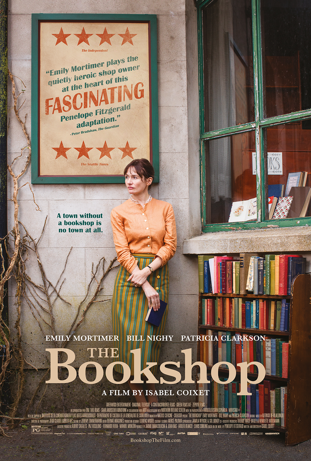 Film poster showing Emily Mortimer leaning against the wall of a book store.