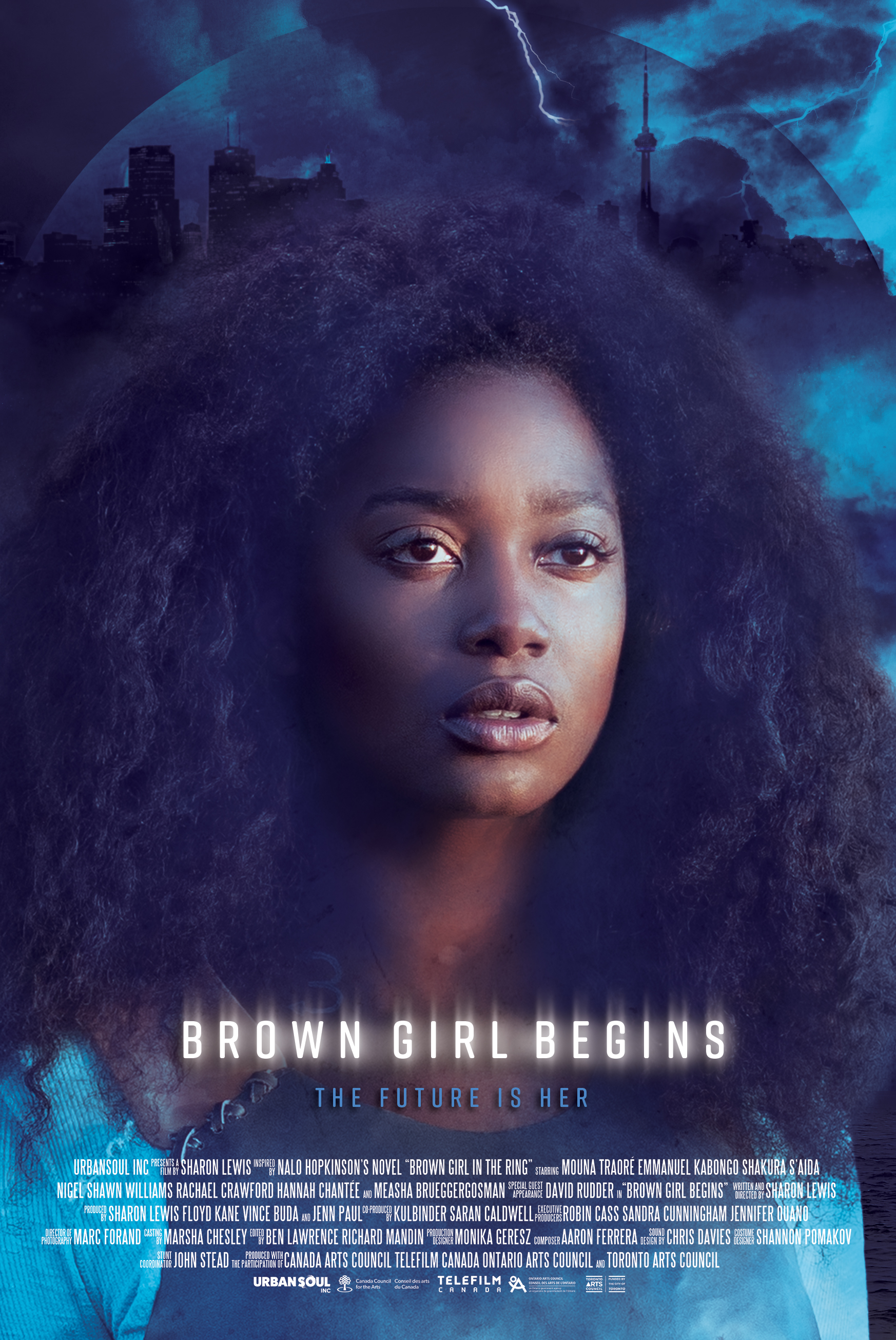 The film poster showing Mouna Traoré in front of a blue background witjy sjy and a city skyline.