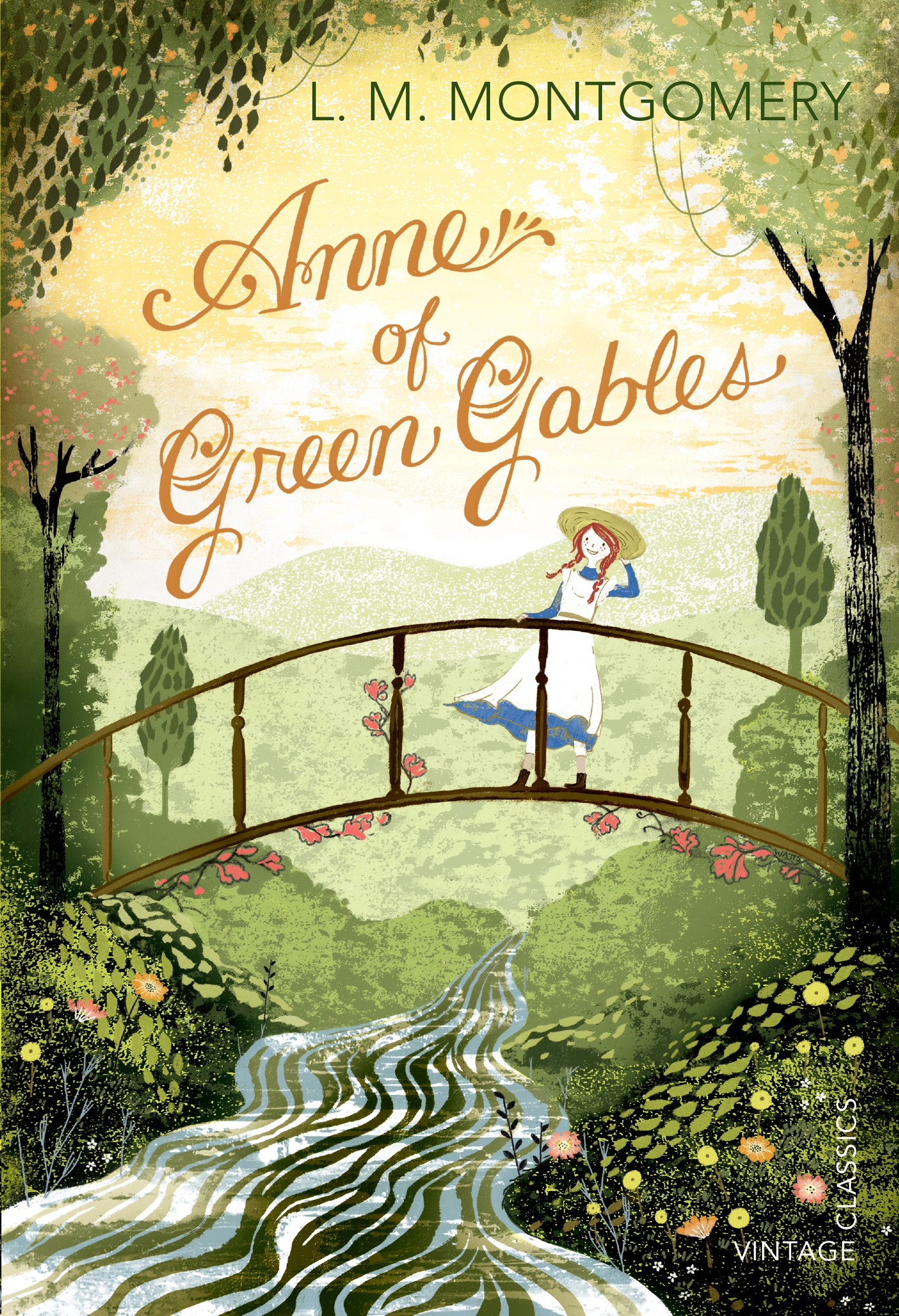 Book cover showing a drawing of a red-haired girl on a bridge over a small river.