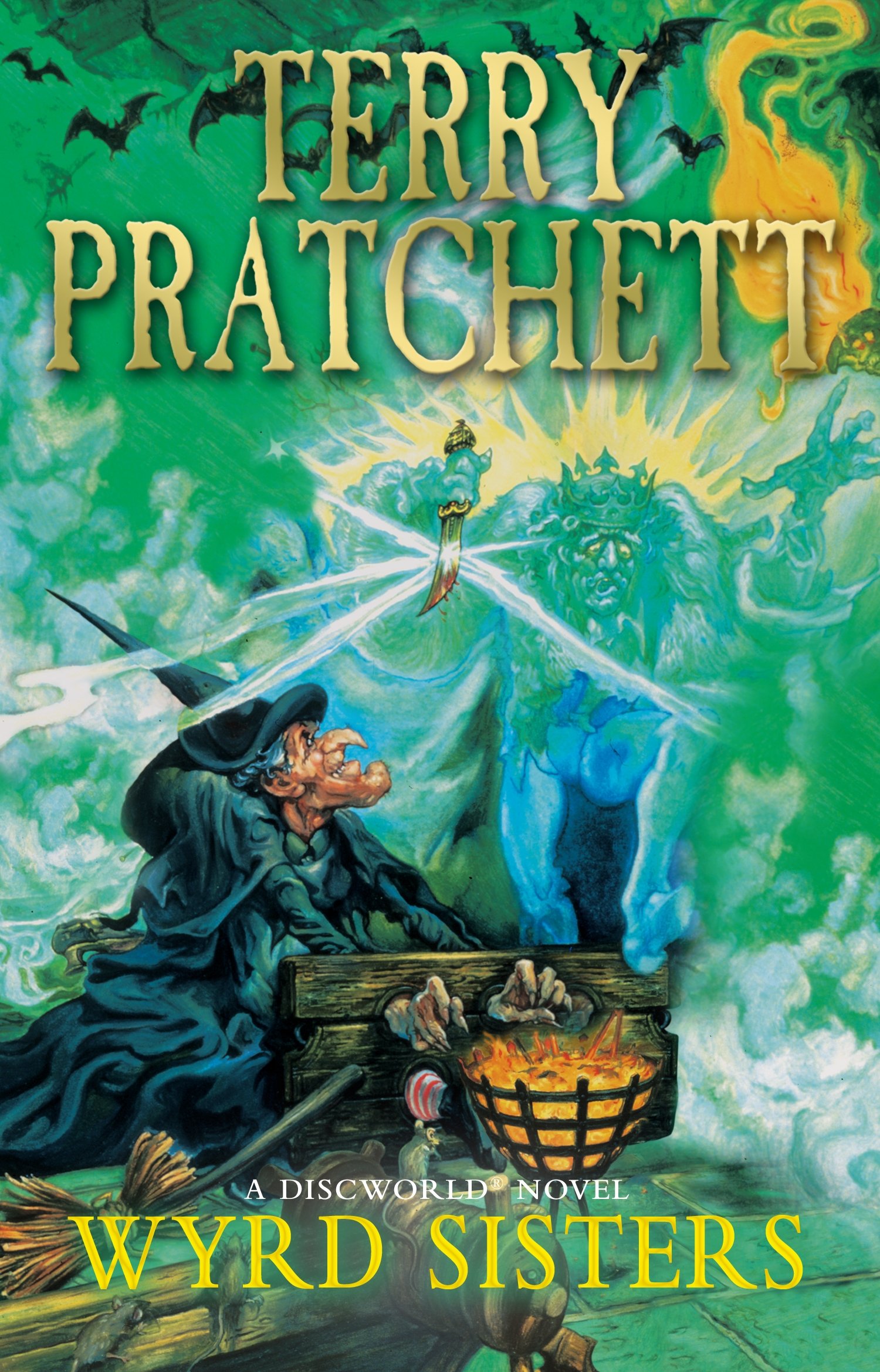 The cover of Wyrd Sisters by Terry Pratchett.