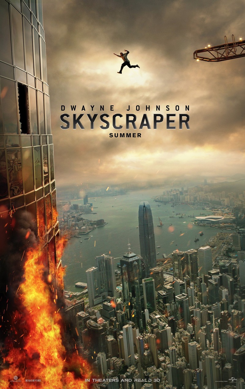 Filmposter showing Dwayne Johnson jumping from a crane towards a burning skyscraper.