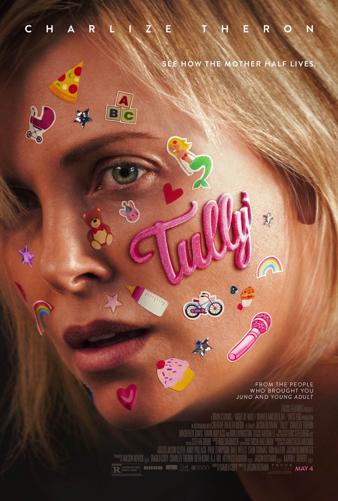 Film poster showing a close-up of Charlize Theron's face covered in stickers, looking exhausted.