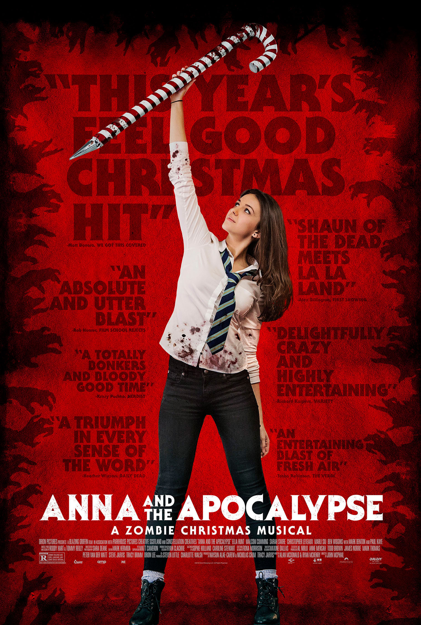 The film poster showing Ella Hunt raising a giant sharpened candy cane.