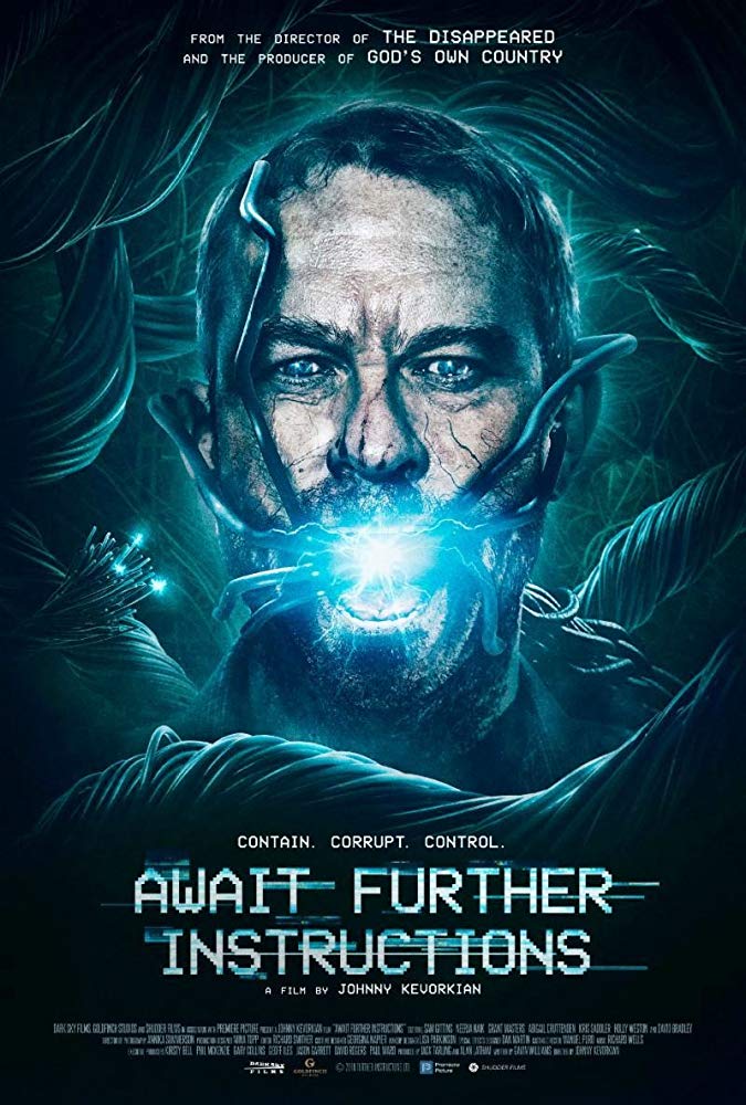 The film poster showing a drawing of Grant Masters with cables coming out of his mouth. 