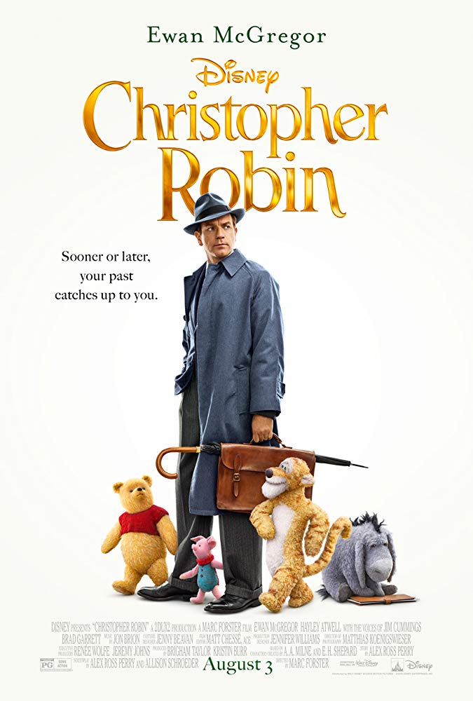 The film poster showing Ewan McGregor with Winnie-the-Pooh, Piglet, Tigger and Eeyore. 