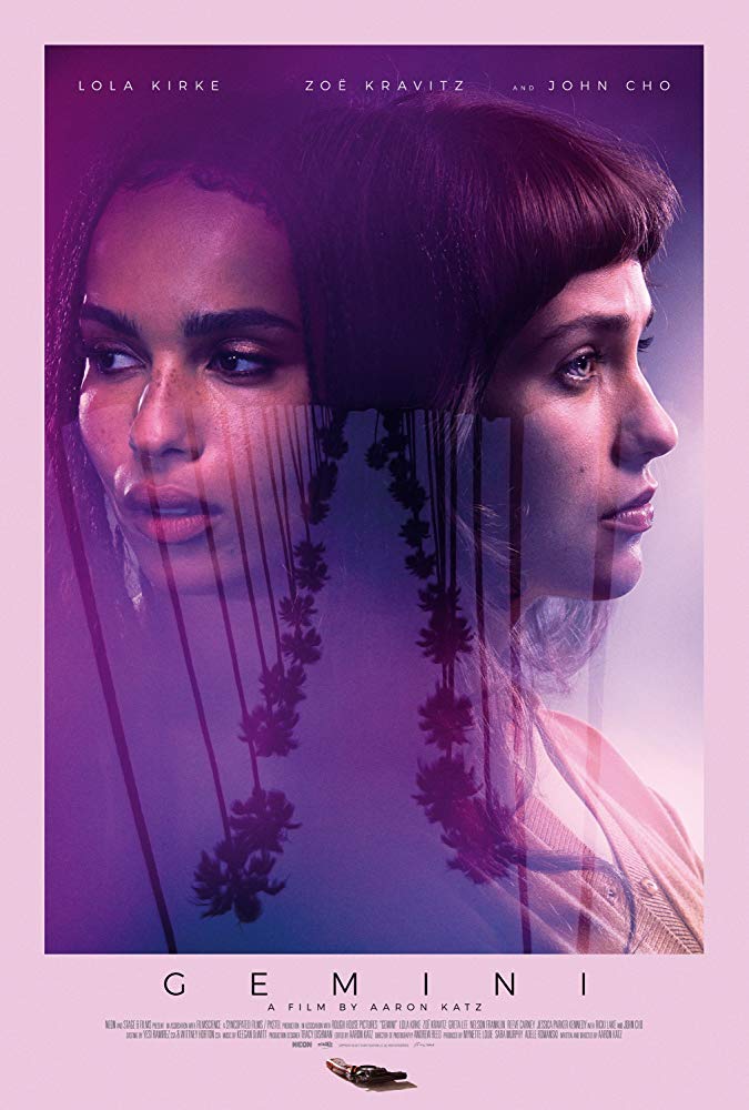 The film poster showing Zoe Kravitz and Lola Kirke superimposed over the upside down image of a street lined with palm trees.