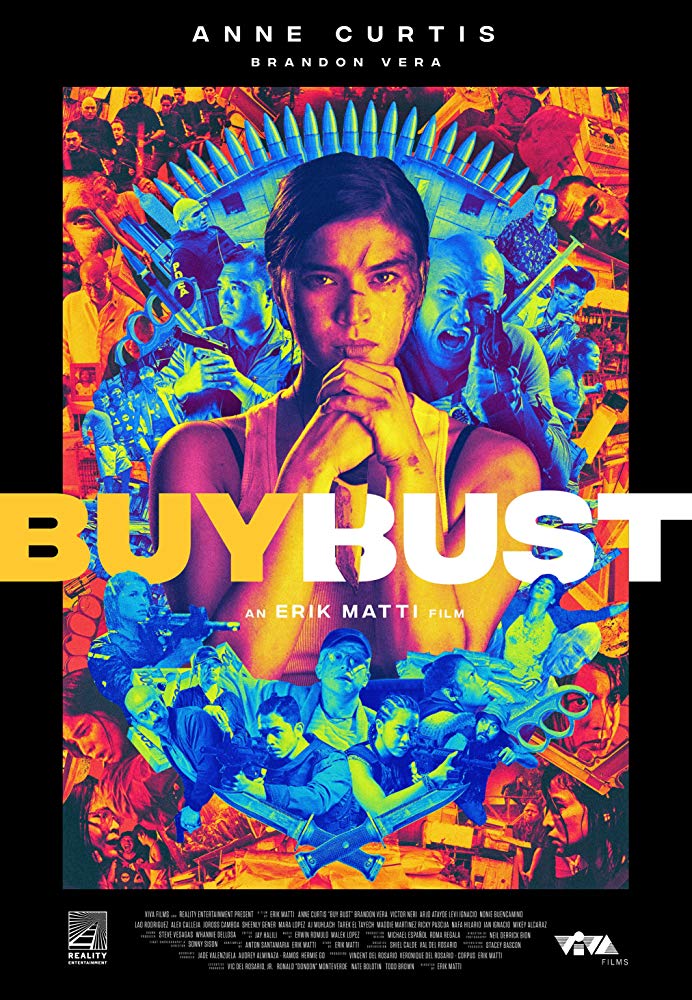 The film poster showing a woman with her fist in her hand in front of a colorful background.