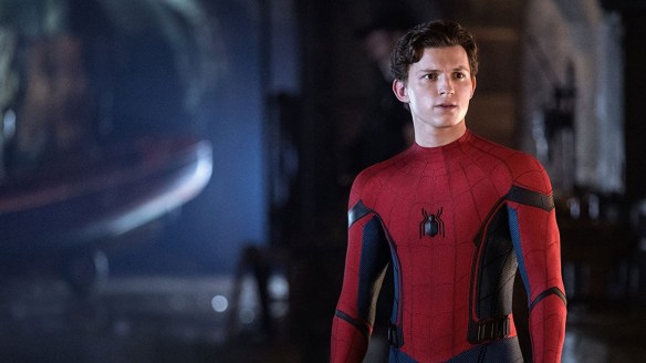 Peter (Tom Holland) in his Spider-Man suit but wihtout a mask.