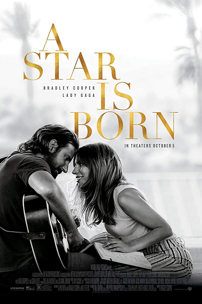 The film poster showing a black and white image of Jack (Bradley Cooper) playying the guitar and Ally (Lady Gaga) sitting in front of him, leaning in for a kiss.