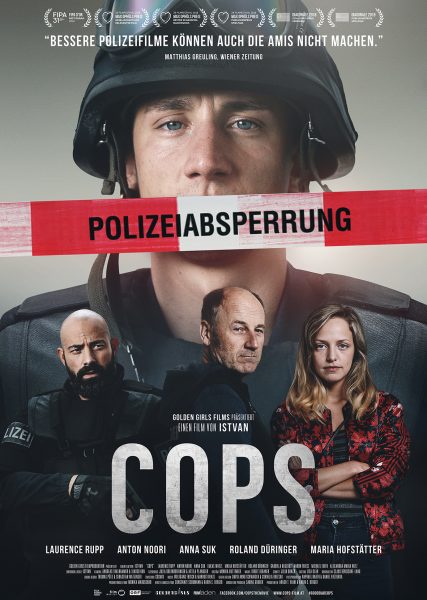 The film poster shwoing a police officer in riot gear with police tape running across his mouth. 