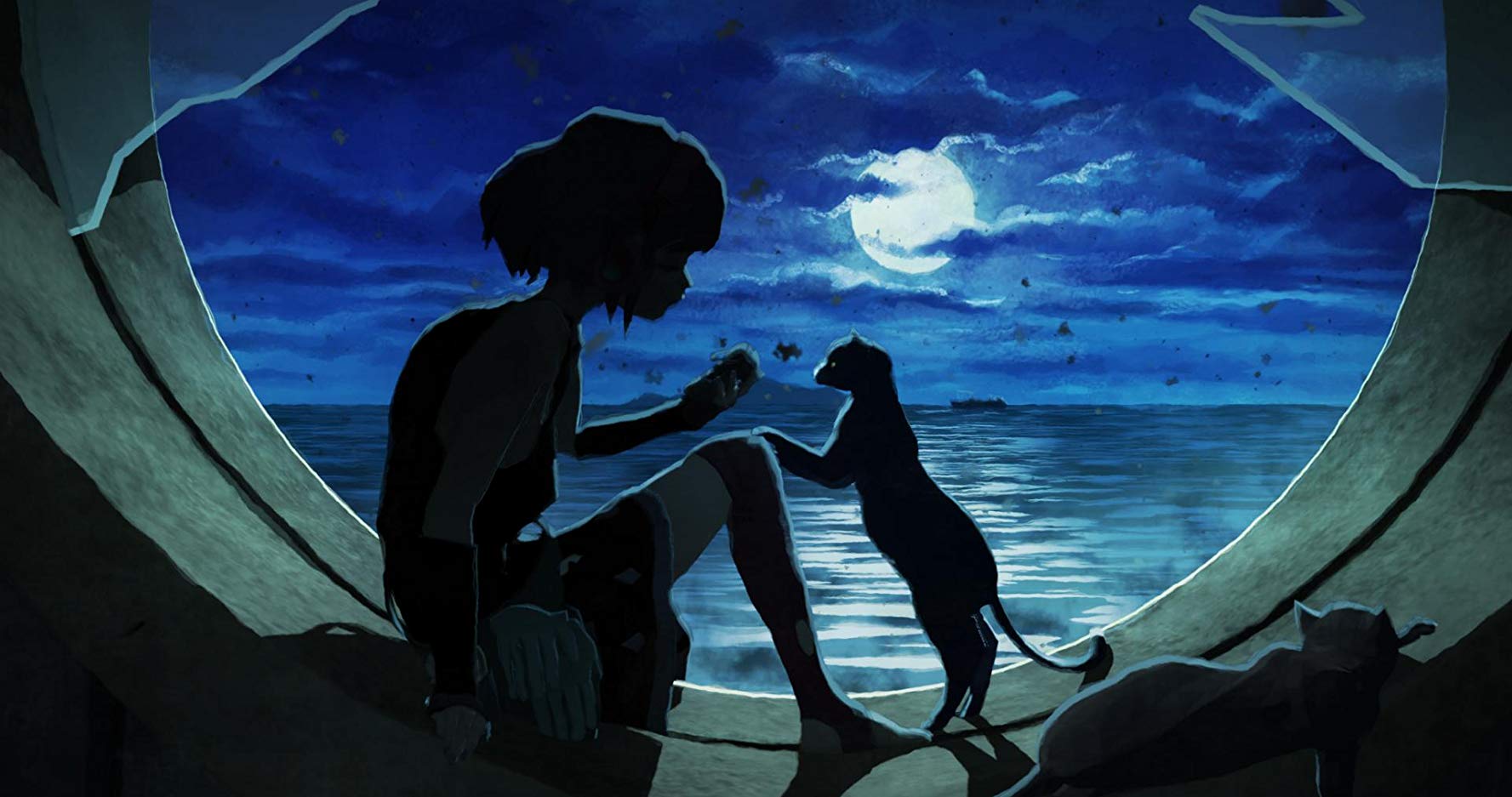 The silhouettes of a girl and a cat in front of a round window overlooking the sea at night.