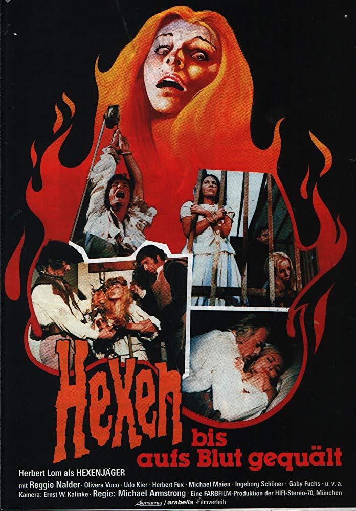 The film poster showing with a drawn women whose hair is made of fire, with stills from the film that mostly depict women in pain as a collage in front of the hair.