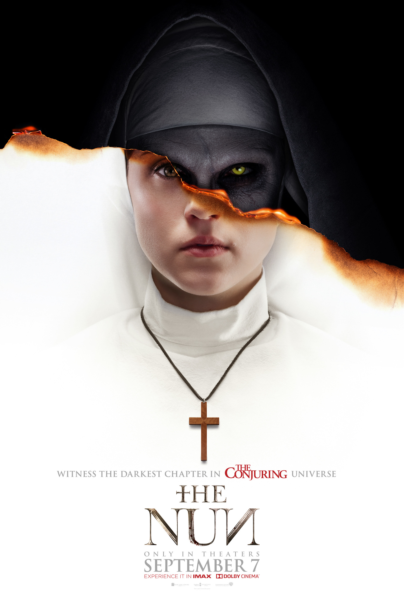 The film poster showing a young nun in white, but the image is torn across her face, revealing the creepy face of a nun in black behind her.