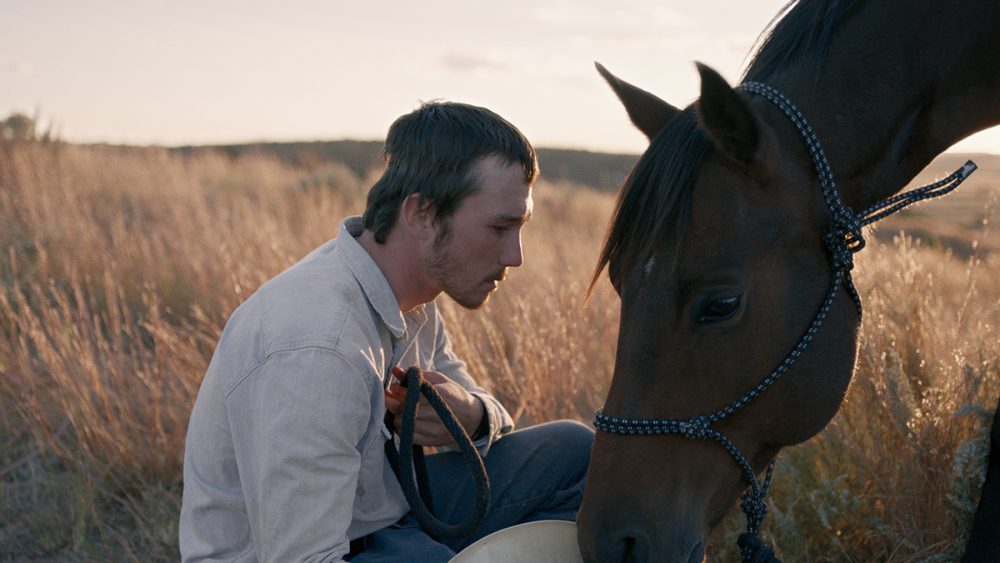 A young man (Brady Jandreau) is squatting in fronnt of a horse in the grass. 