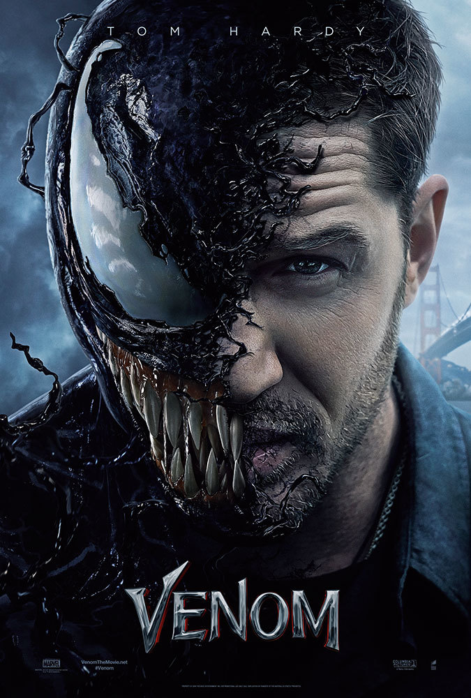 The film poster showing Tom Hardy's face, half of which is an Alien with a huge eye and a mouth with sharp teeth.