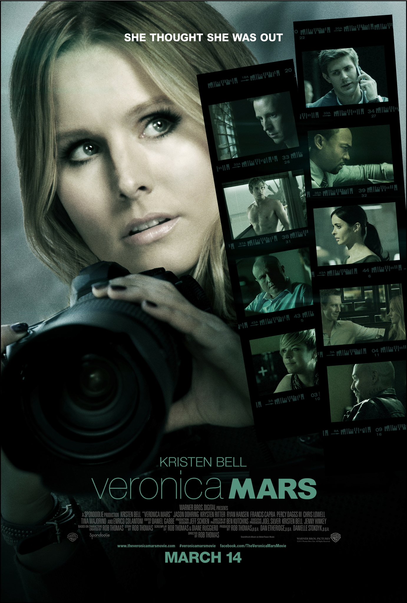 The film poster showing Veronica Mars (Kristen Bell) holding a huge camera.