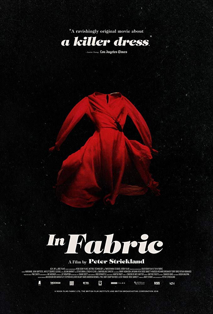 The film poster showing a floating red dress in front of a black background. 