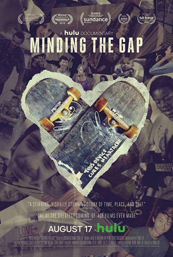 The film poster showing two skateboards lying over each other to form a heart with a photo collage in the background. 