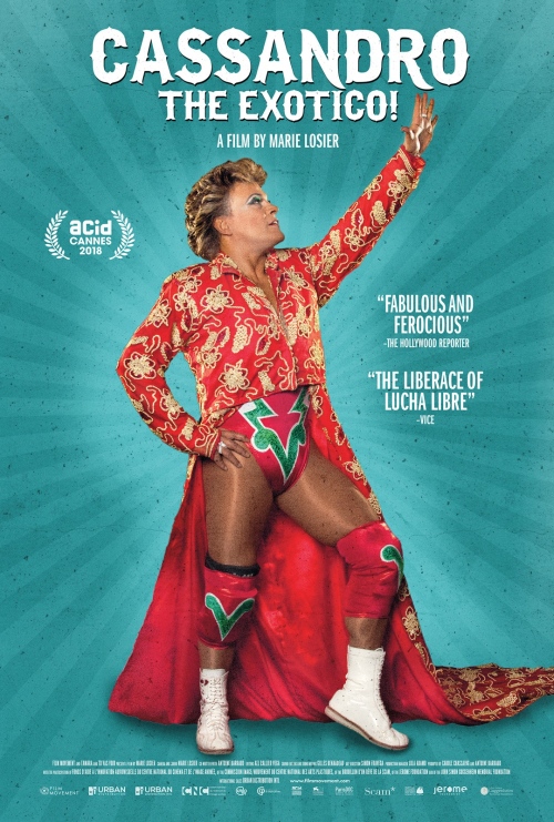 The film poster showing Cassandro in full Lucha Libre gear.