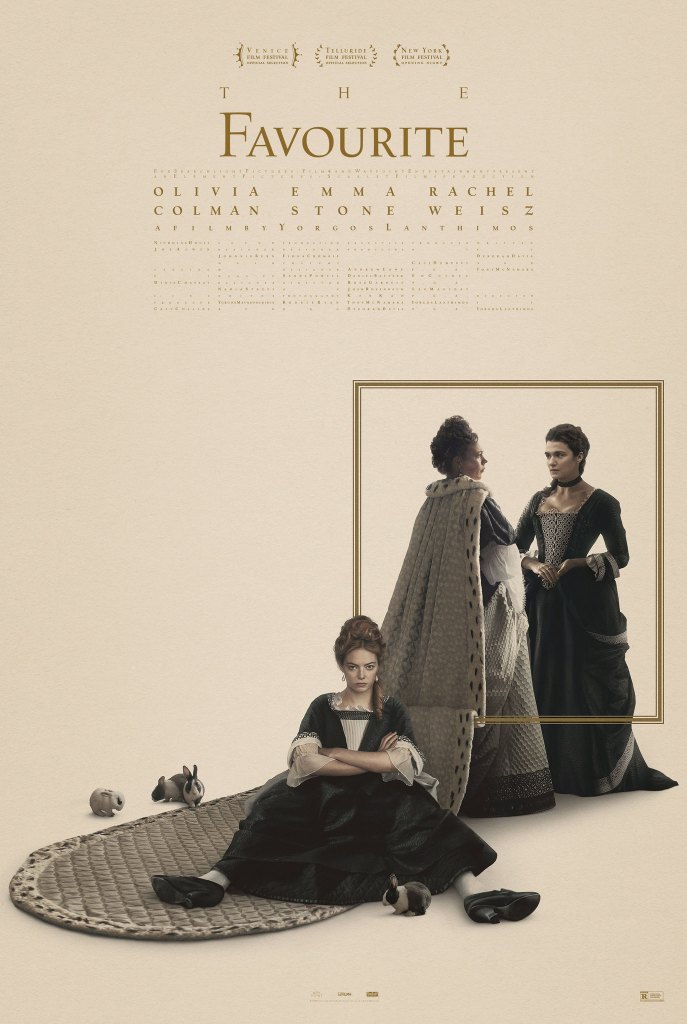 The film poster showing Olivia Colman and Rachel Weisz standing in the back and Emma Stone sitting in the front with a sullen expression. 