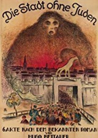 The film poster showing a drawing of a shadowy figuring in red hovering over a city while a huge mass of people is leaving through the city gate. 