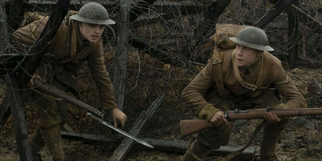 Lance Corporals Blake (Dean-Charles Chapman) and Schofield (George MacKay) making their way through no-man's-land.