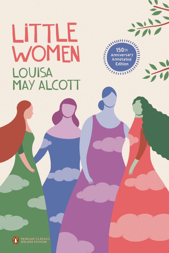 The book cover showing stylized female figures, all wearing differently colored dresses with clouds on them.
