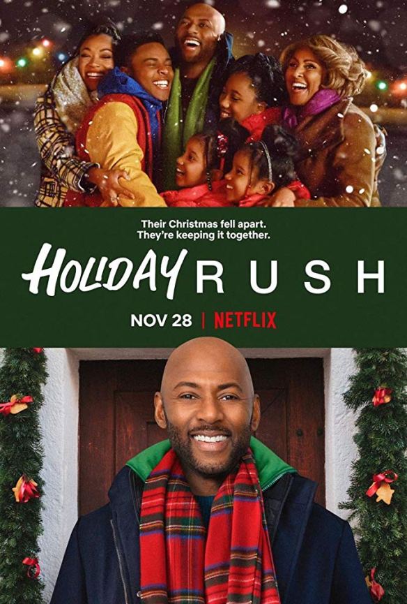 The film poster showing the entire family standing in a group hug and another image of Rush (Romany Malco) smiling.