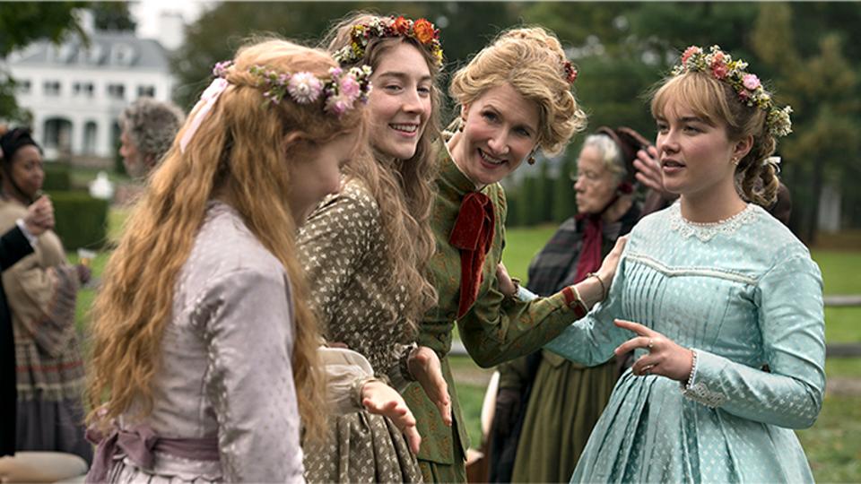 Three of the Marsh girls (Saoirse Ronan, Florence Pugh, Eliza Scanlen) with their mother (Laura Dern) at Meg's wedding.