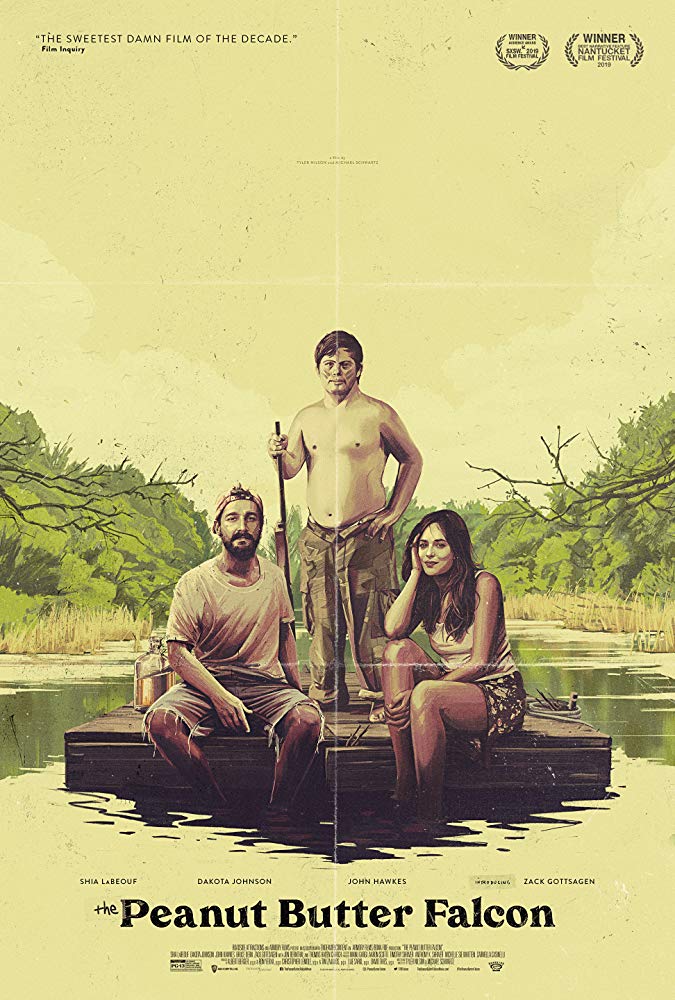 The film poster showing a drawing of Tyler (Shia LaBeouf), Zak (Zack Gottsagen) and Eleanor (Dakota Johnson) sitting on a raft.