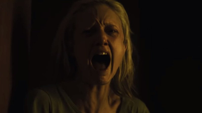 Detective Muldoon (Andrea Riseborough) screams. 