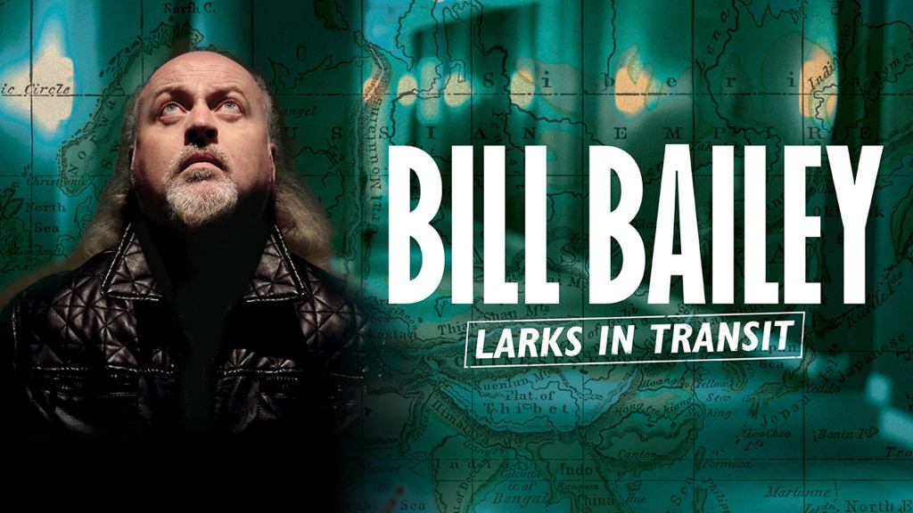 The show announcement showing Bill Bailey looking skywards in front of a green background with a superimposed map. 