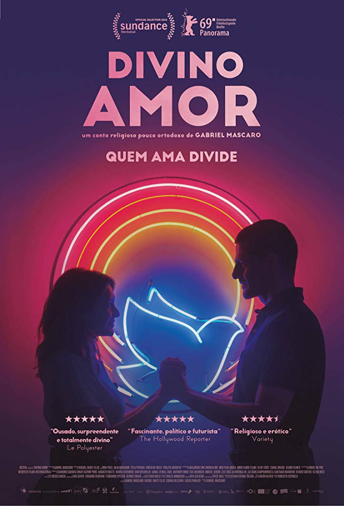 The film poster, showing Joana (Dira Paes) and Danilo (Julio Machado) holding their hands in front of a neon dove in several concentric circles.