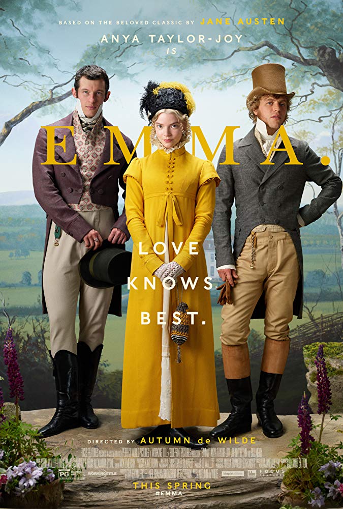 The film poster showing Emma (Anya Taylor-Joy), Frank Churchill (Callum Turner) and Mr. Knightley (Johnny Flynn).