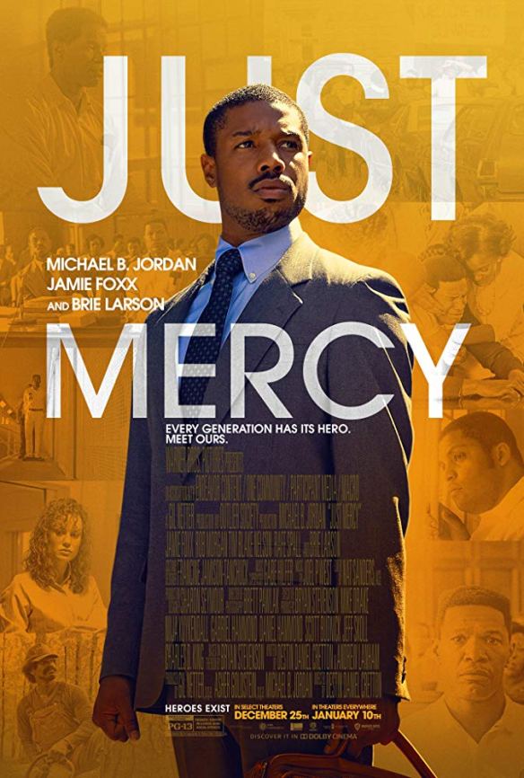 The film poster showing Bryan Stevenson (Michael B. Jordan) in front of an orange background with various film stills. 