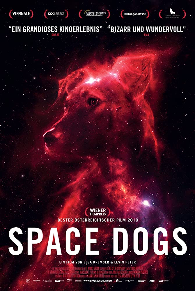 The film poster showing the image of a dog, made to look like a dog-shaped galaxy in front of a star-filled universe.