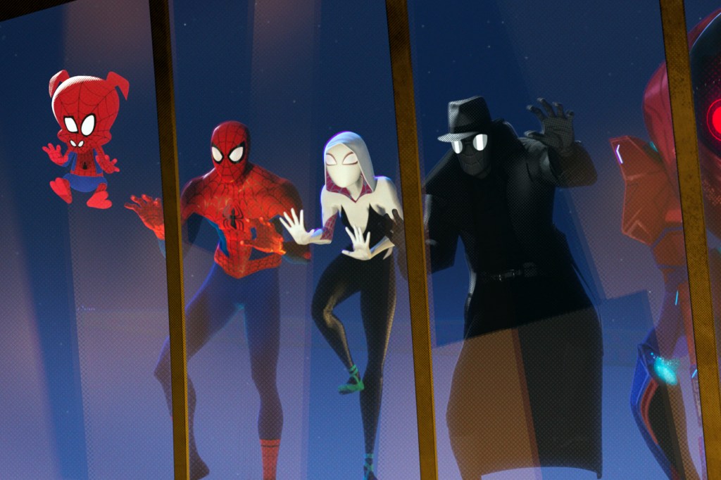 Spider-Ham (John Mulaney), Peter Parker (Jake Johnson), Spider-Gwen (Hailee Steinfeld) and Spider-Man Noir (Nicolas Cage) looking through a window.