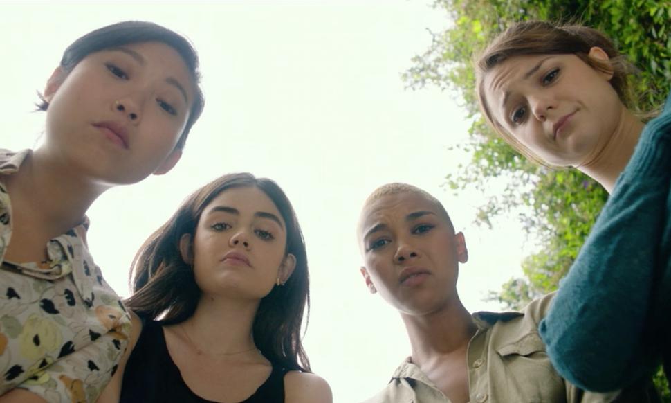 Rebecca (Awkwafina), Lily (Lucy Hale), Amelia (Alexandra Shipp) and Chloe (Kathryn Prescott) looking down into the camera.