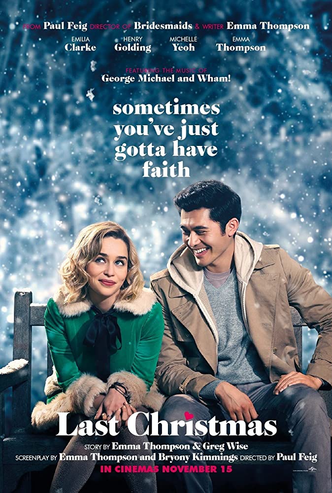 The film poster showing Kate (Emilia Clarke) and Tom (Henry Golding) on a park bench. 