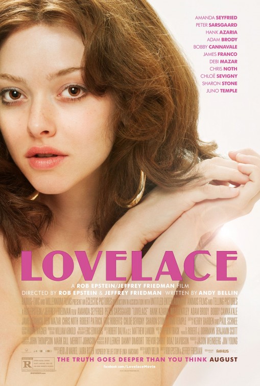 The film poster showing Linda Lovelace (Amanda Seyfried) apparently naked, looking at the camera, her armes folded in front of her chest.