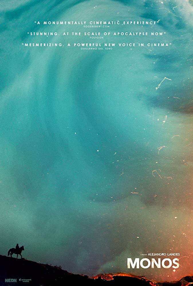 The film poster showing a great swirl of turquoise clouds, with a small horse and rider silhouetted against it. 