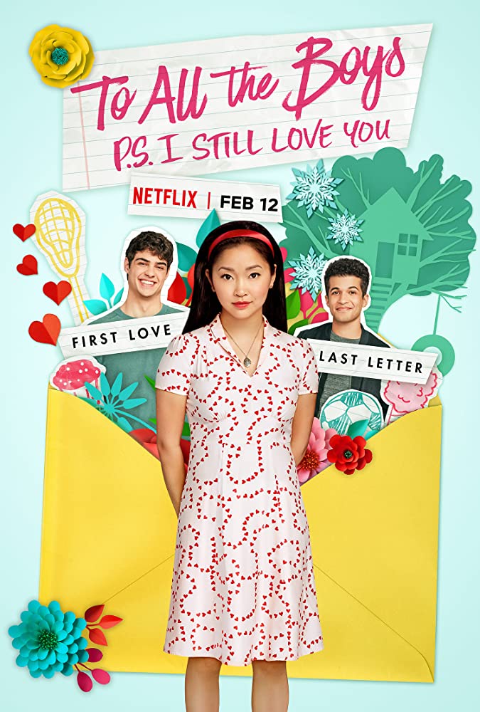 The film poster showing Lara Jean (Lana Condor) standing in front of a huge envelope with Peter (Noah Centineo) and John Ambrose (Jordan Fisher) sticking out of it.