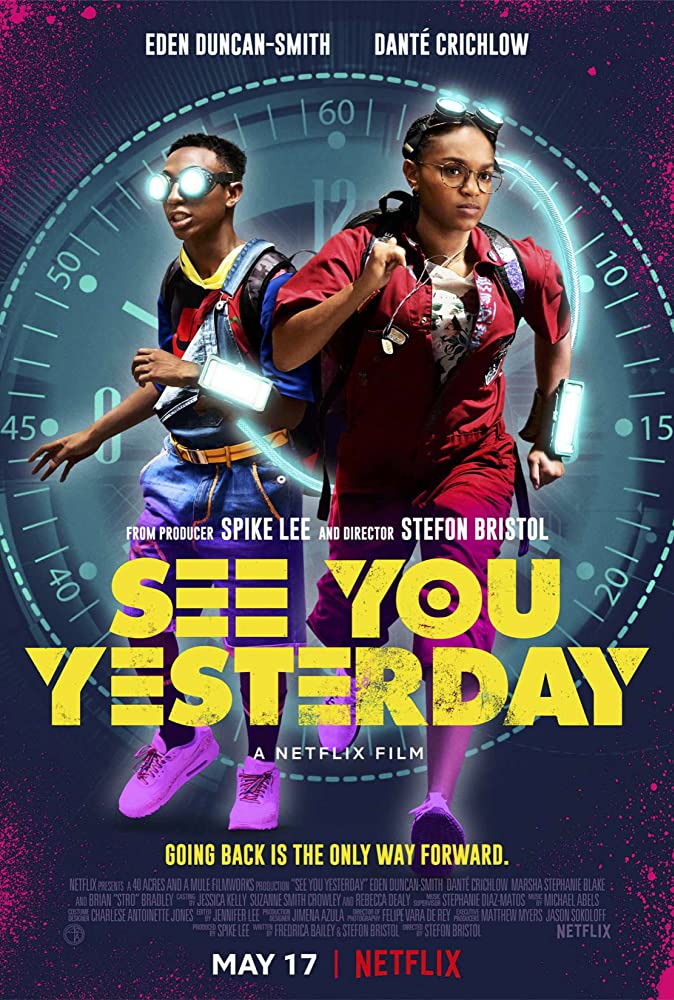 The film poster showing CJ (Eden Duncan-Smith) and Sebastian (Danté Crichlow) with goggles and gadgets, running in front of a giant clock.