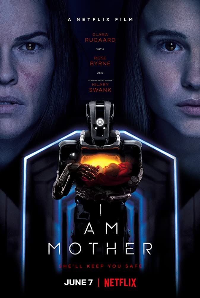 The film poster showing a robot carrying a baby and the faces of the Woman (Hilary Swank) and the Daughter (Clara Rugaard).